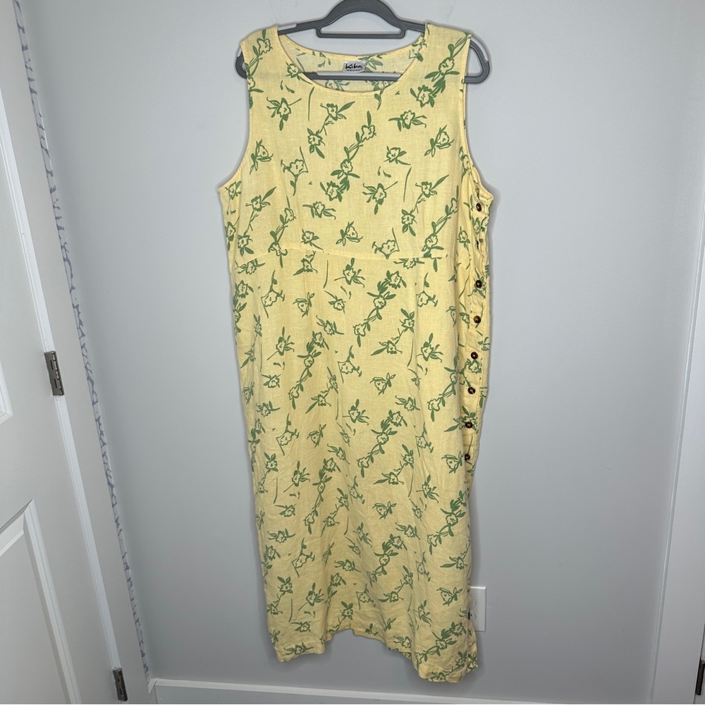 Kiko Woman Linen Yellow Floral Maxi Dress Button Down Side Size 1X Lagenlook Art